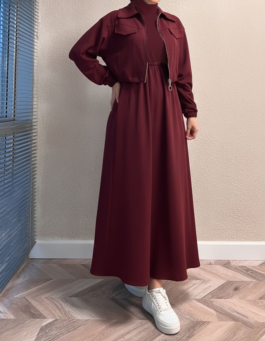 Winter Elegant Zipper Jacket with Long Frock 2-Piece Set