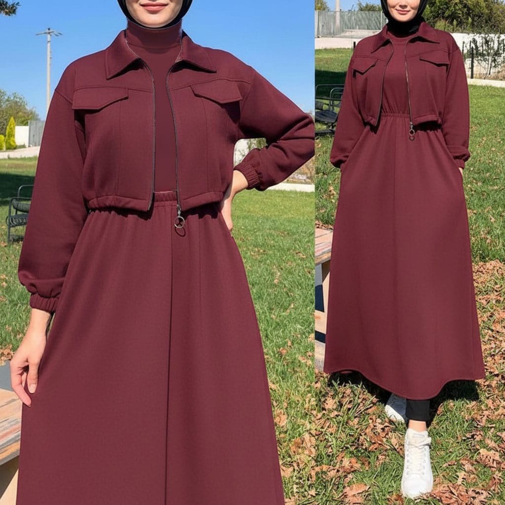 Winter Elegant Zipper Jacket with Long Frock 2-Piece Set