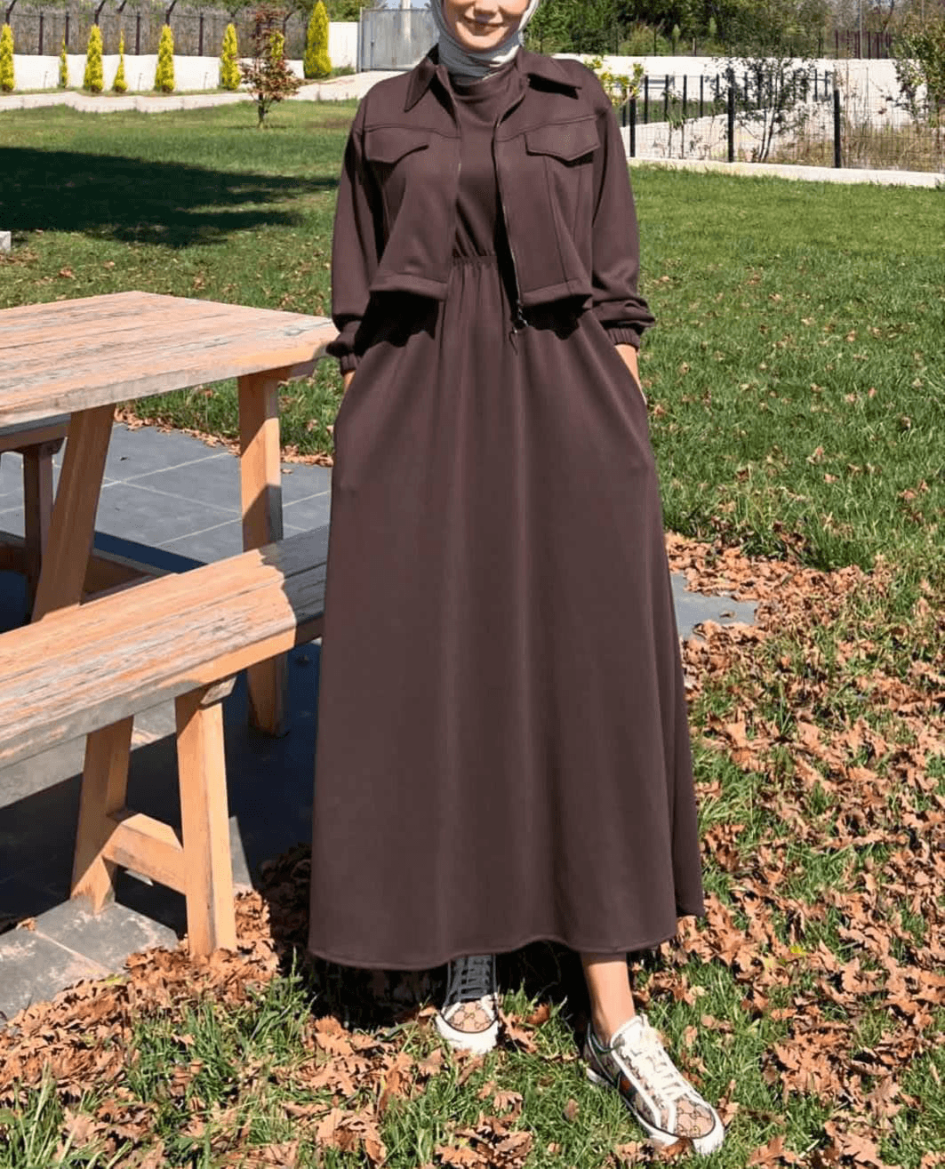 Winter Elegant Zipper Jacket with Long Frock 2-Piece Set