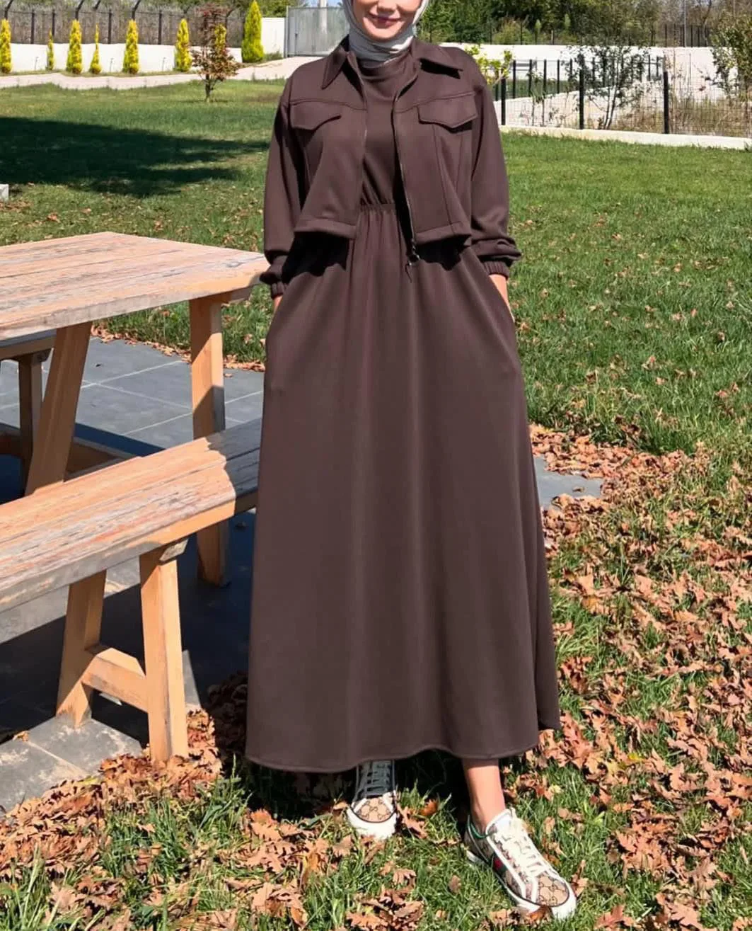 Winter Elegant Zipper Jacket with Long Frock 2-Piece Set