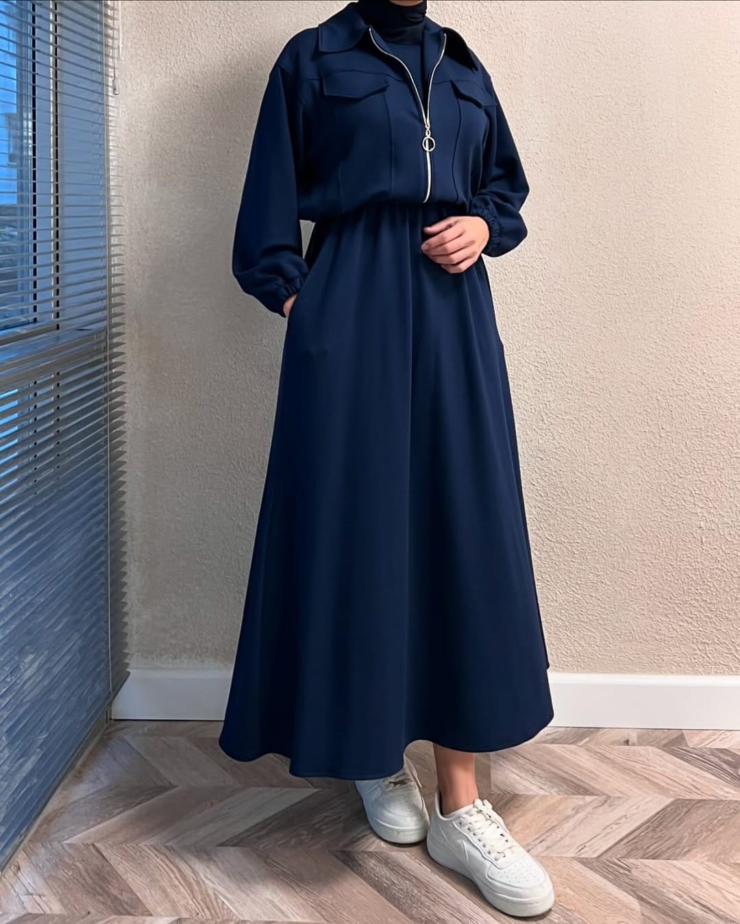 Winter Elegant Zipper Jacket with Long Frock 2-Piece Set