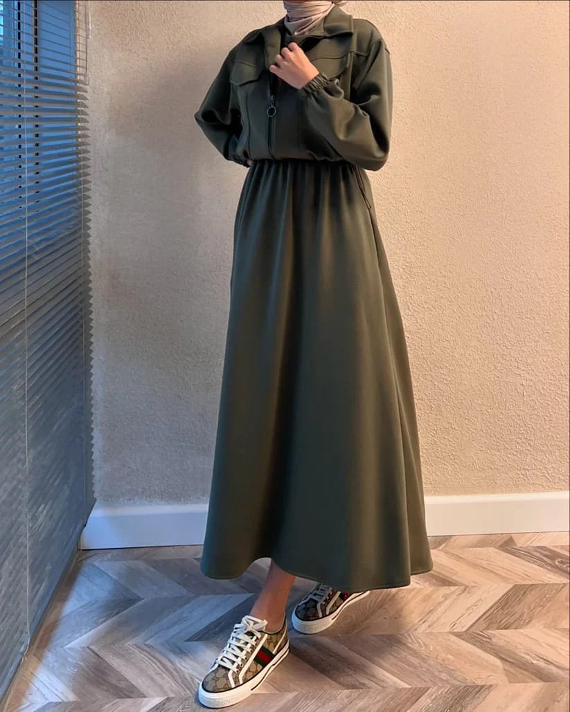 Winter Elegant Zipper Jacket with Long Frock 2-Piece Set