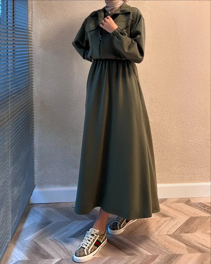 Winter Elegant Zipper Jacket with Long Frock 2-Piece Set