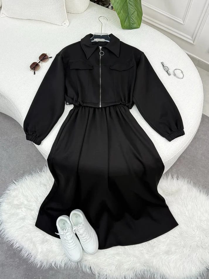 Winter Elegant Zipper Jacket with Long Frock 2-Piece Set