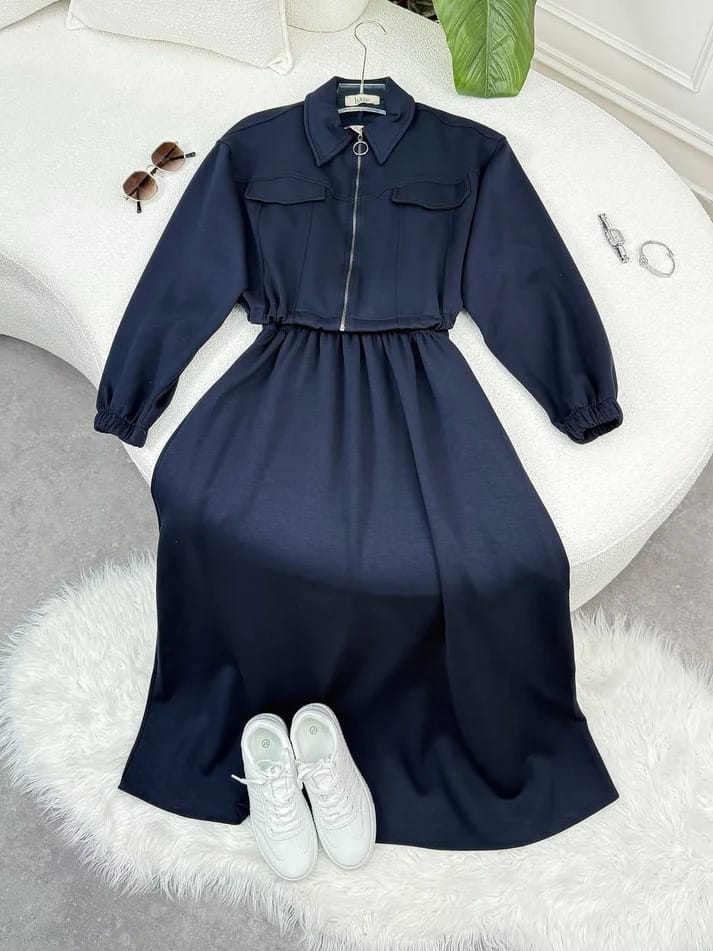 Winter Elegant Zipper Jacket with Long Frock 2-Piece Set