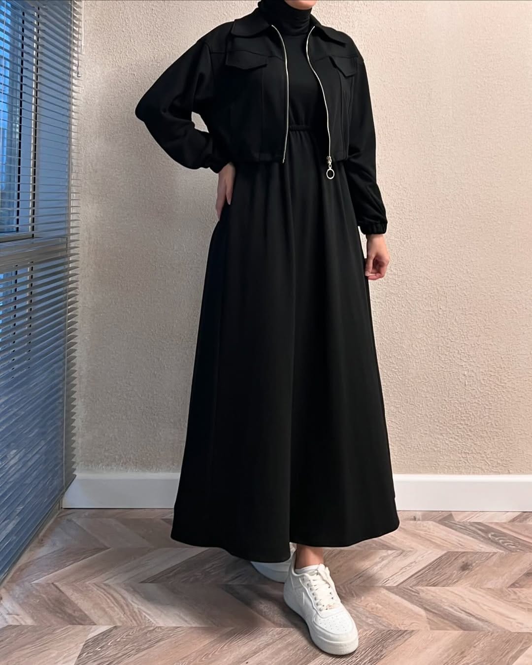 Winter Elegant Zipper Jacket with Long Frock 2-Piece Set