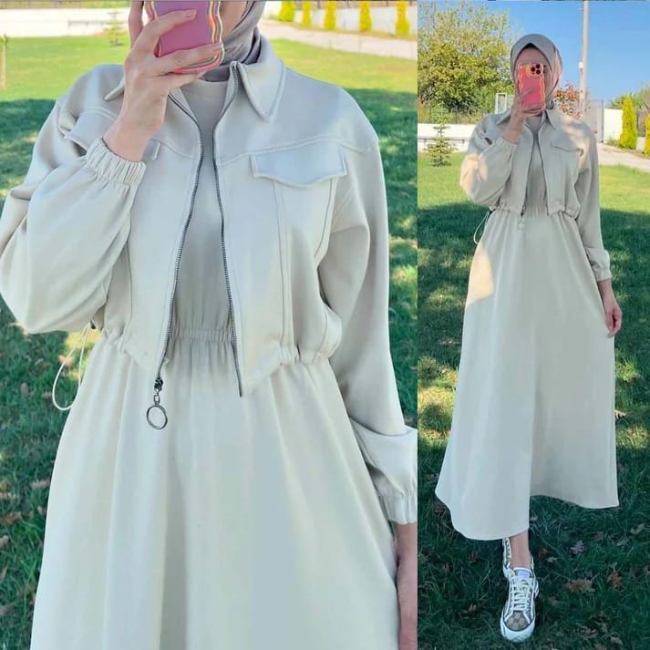 Winter Elegant Zipper Jacket with Long Frock 2-Piece Set