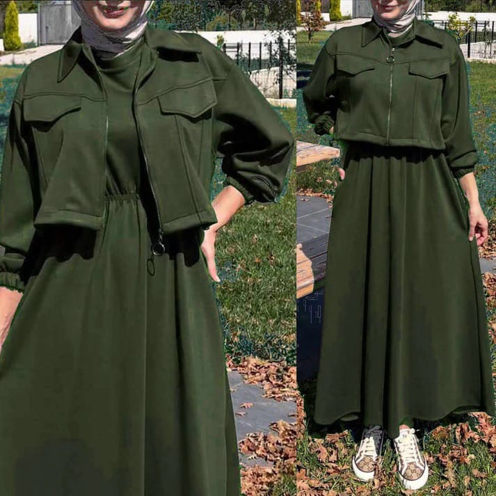 Winter Elegant Zipper Jacket with Long Frock 2-Piece Set