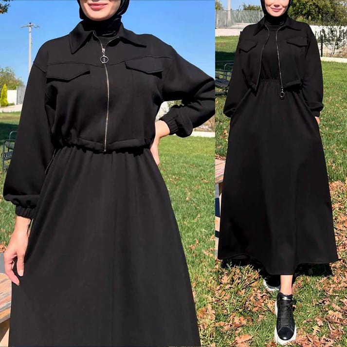 Winter Elegant Zipper Jacket with Long Frock 2-Piece Set