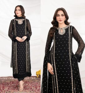 Elegant Neck Embroidered Long 3-Piece Set