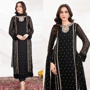 Elegant Neck Embroidered Long 3-Piece Set