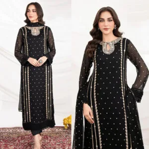 Elegant Neck Embroidered Long 3-Piece Set