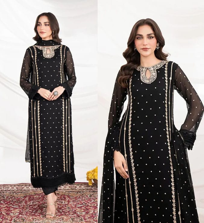 Elegant Neck Embroidered Long 3-Piece Set