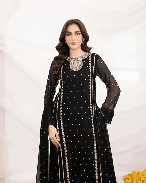 Elegant Neck Embroidered Long 3-Piece Set