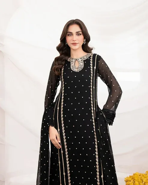 Elegant Neck Embroidered Long 3-Piece Set