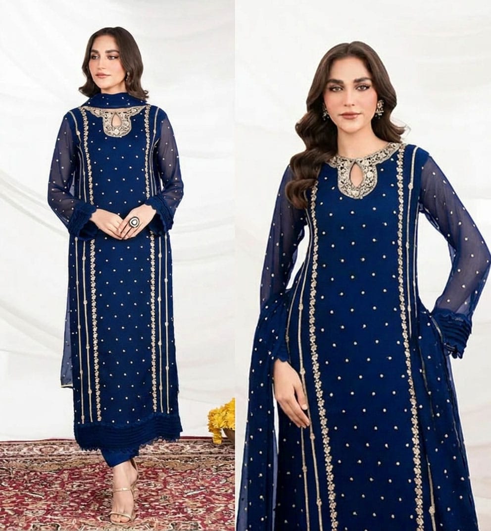 Elegant Neck Embroidered Long 3-Piece Set