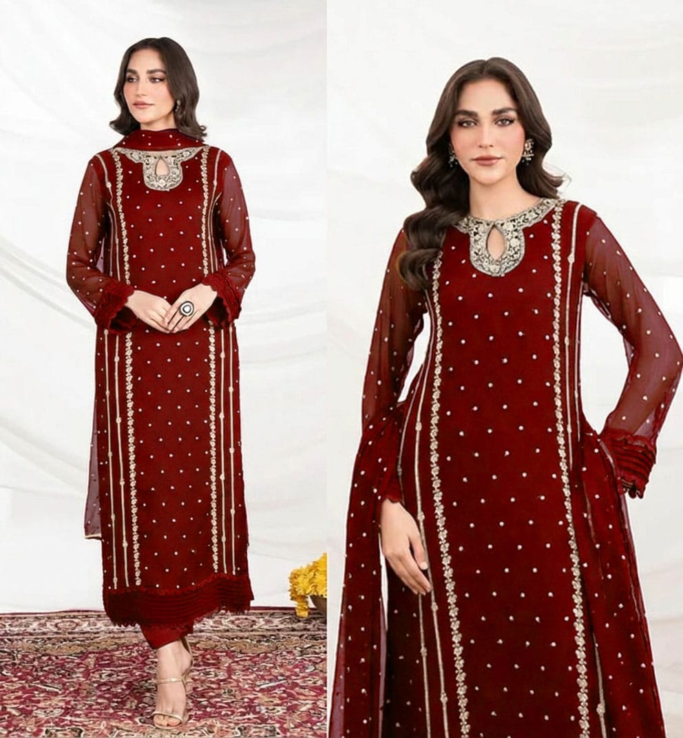 Elegant Neck Embroidered Long 3-Piece Set