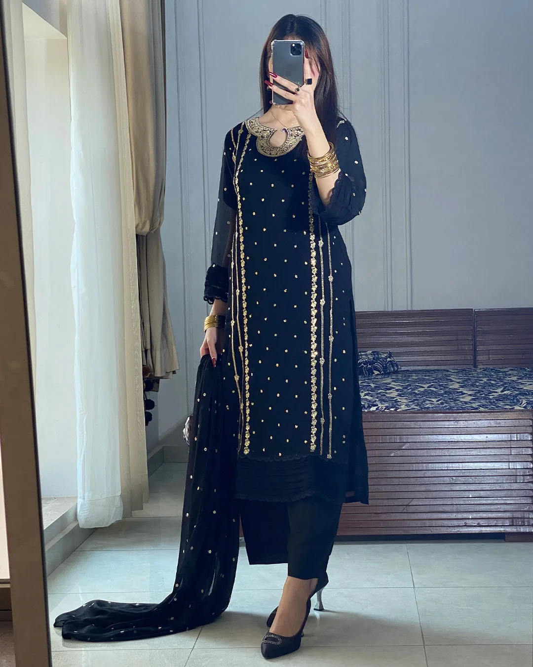 Elegant Neck Embroidered Long 3-Piece Set