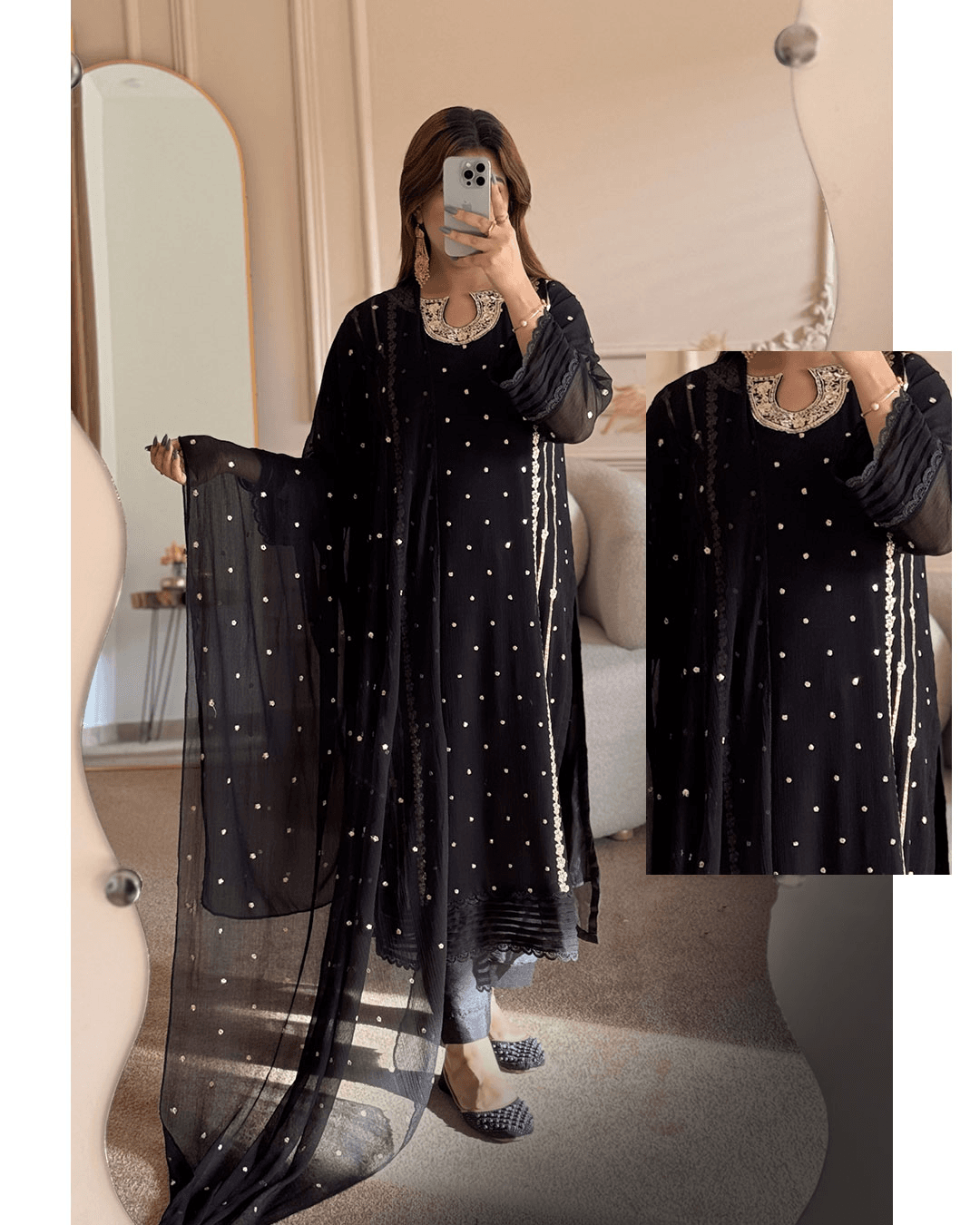 Elegant Neck Embroidered Long 3-Piece Set