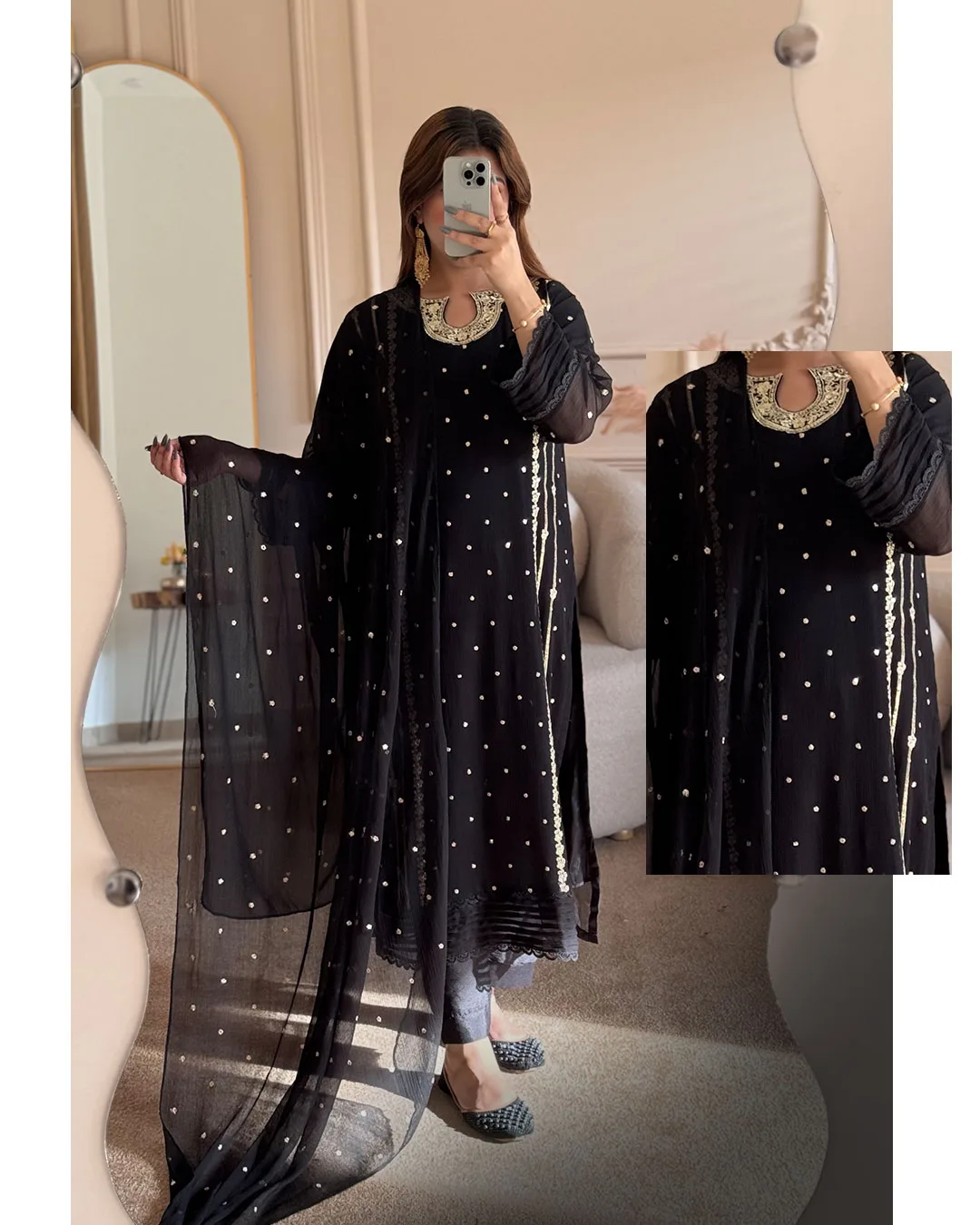Elegant Neck Embroidered Long 3-Piece Set