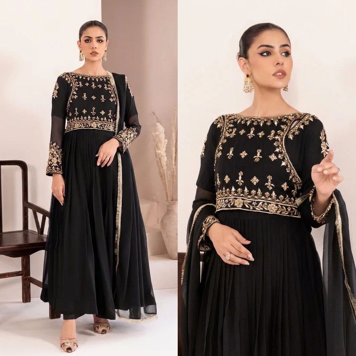 Mirror Embellished Embroidered Maxi 3-Piece
