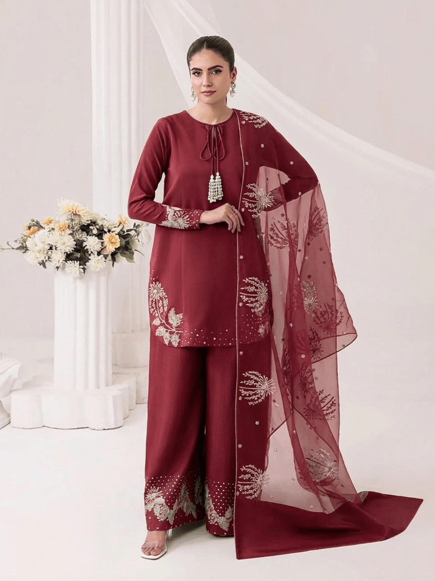 Embroidered Raw Silk 3-Piece Set