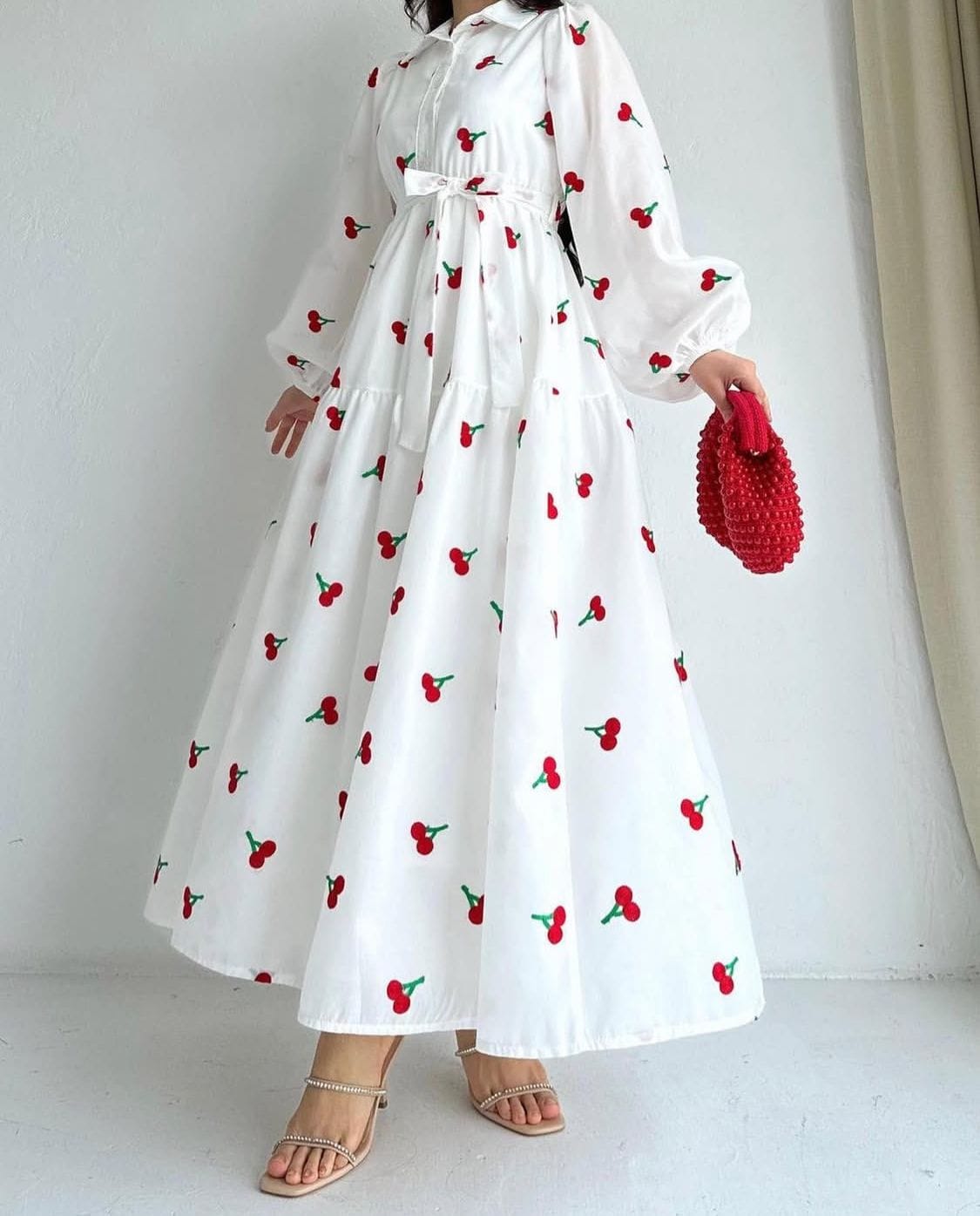 Cherry Embroidered Chic Long Frock