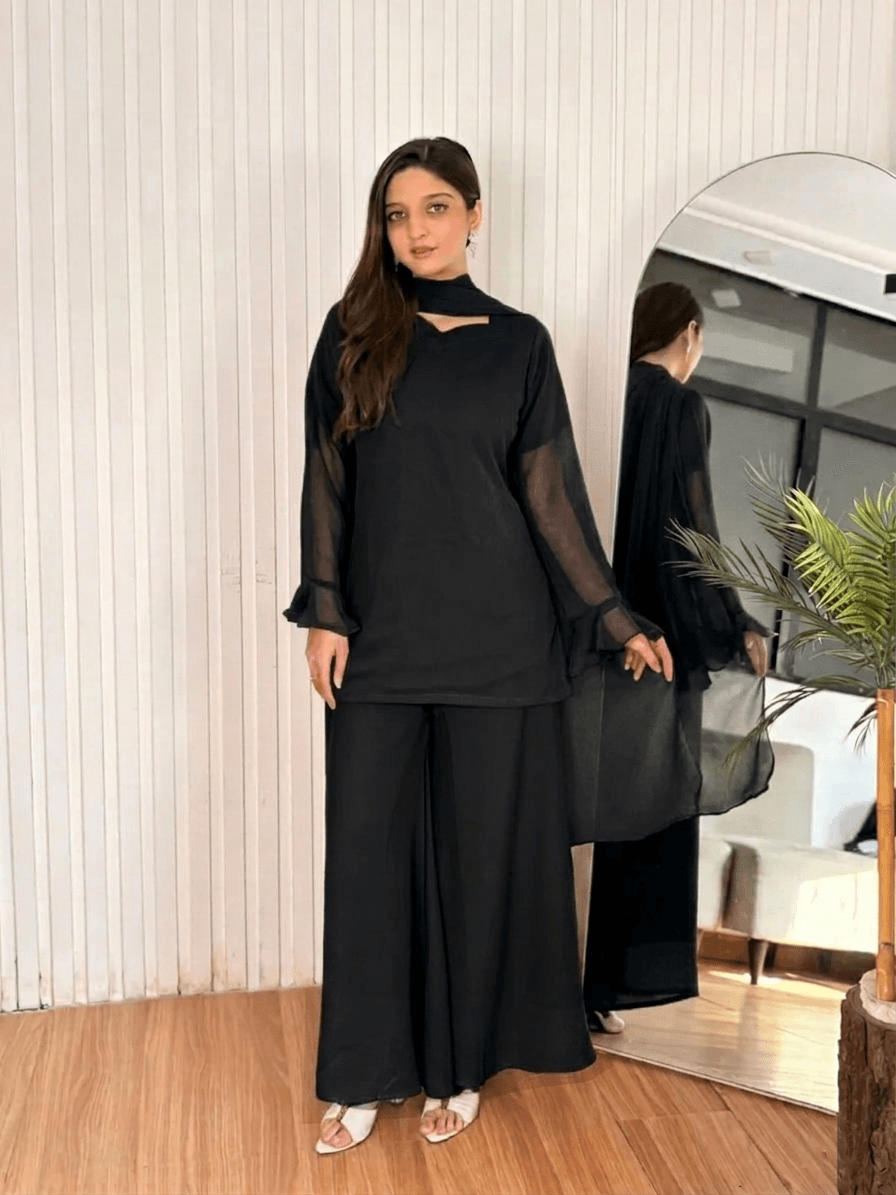 Eastern Short Shirt & Palazzo Chiffon 3-Piece Set
