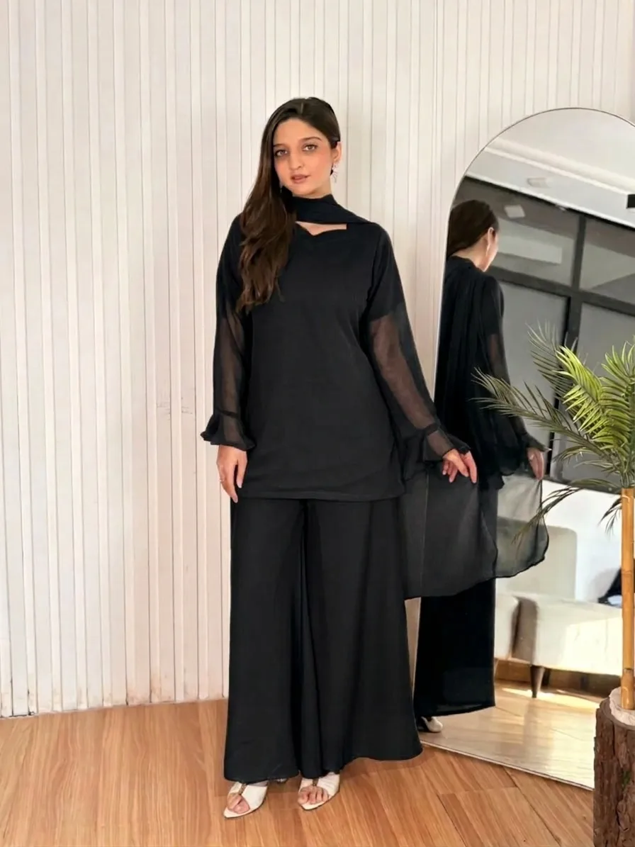 Eastern Short Shirt & Palazzo Chiffon 3-Piece Set