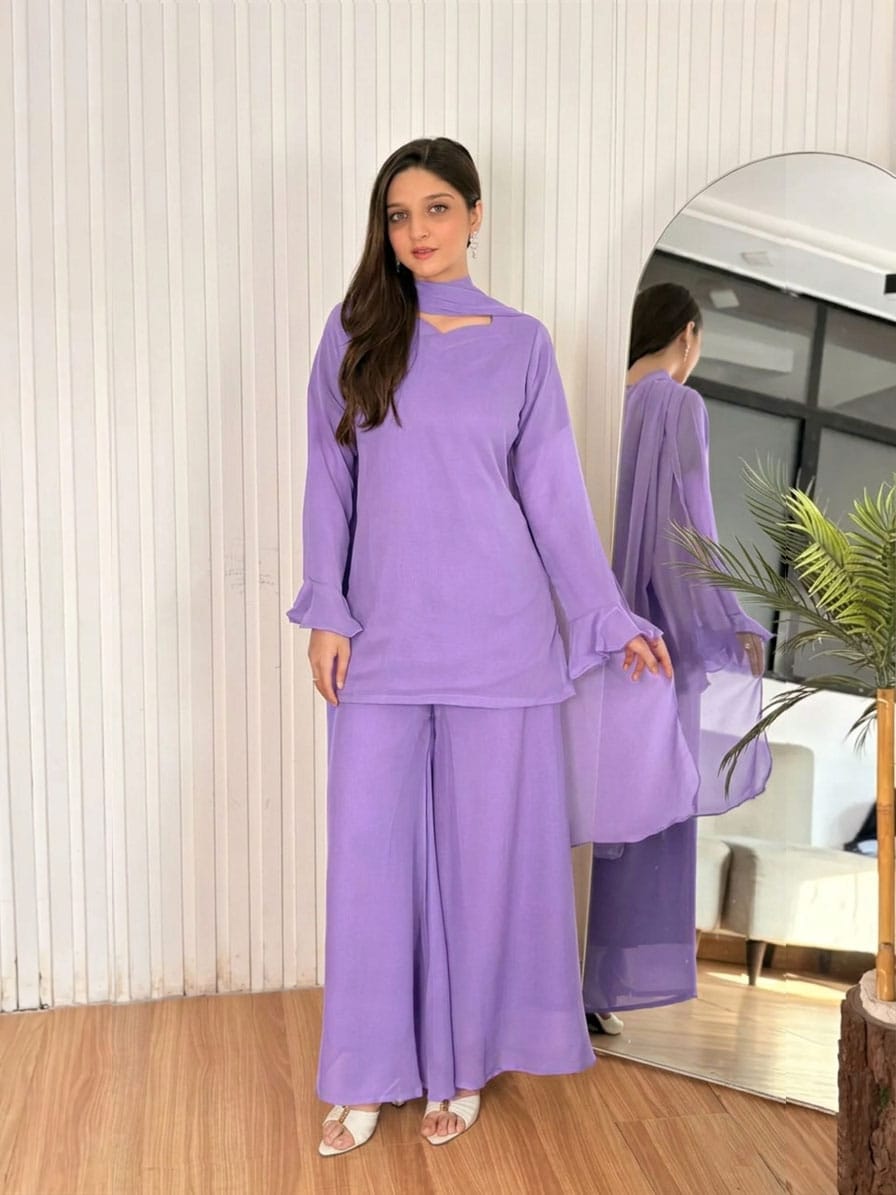 Eastern Short Shirt & Palazzo Chiffon 3-Piece Set