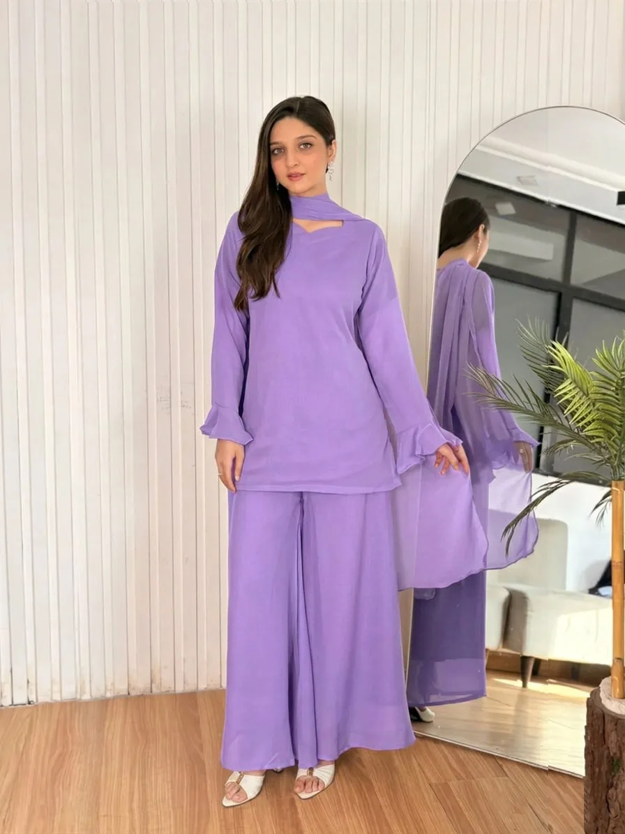 Eastern Short Shirt & Palazzo Chiffon 3-Piece Set
