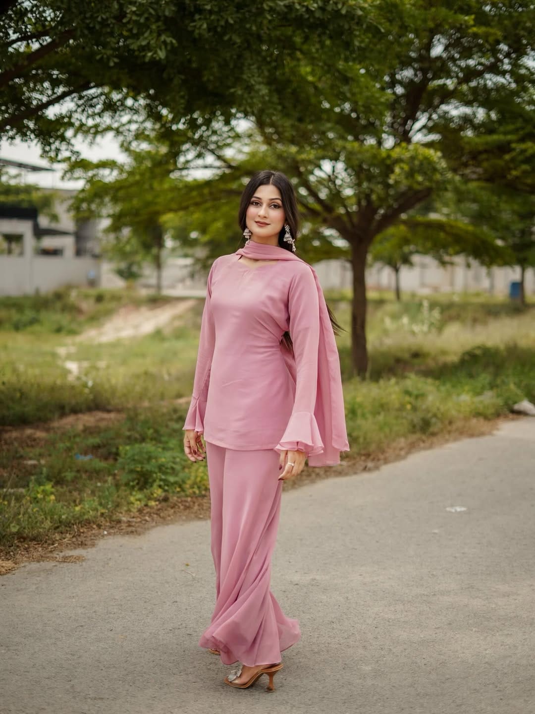 Eastern Short Shirt & Palazzo Chiffon 3-Piece Set
