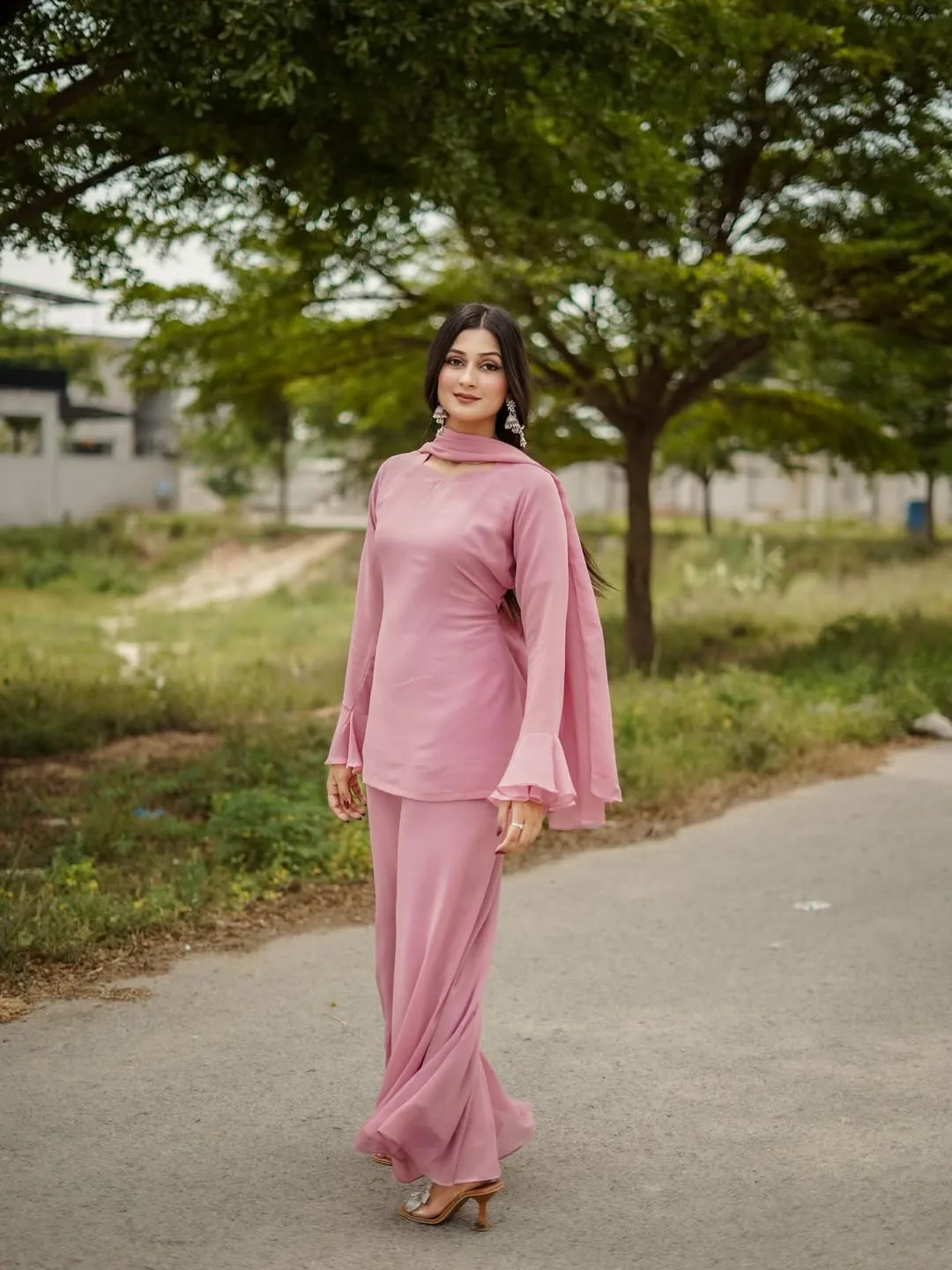 Eastern Short Shirt & Palazzo Chiffon 3-Piece Set