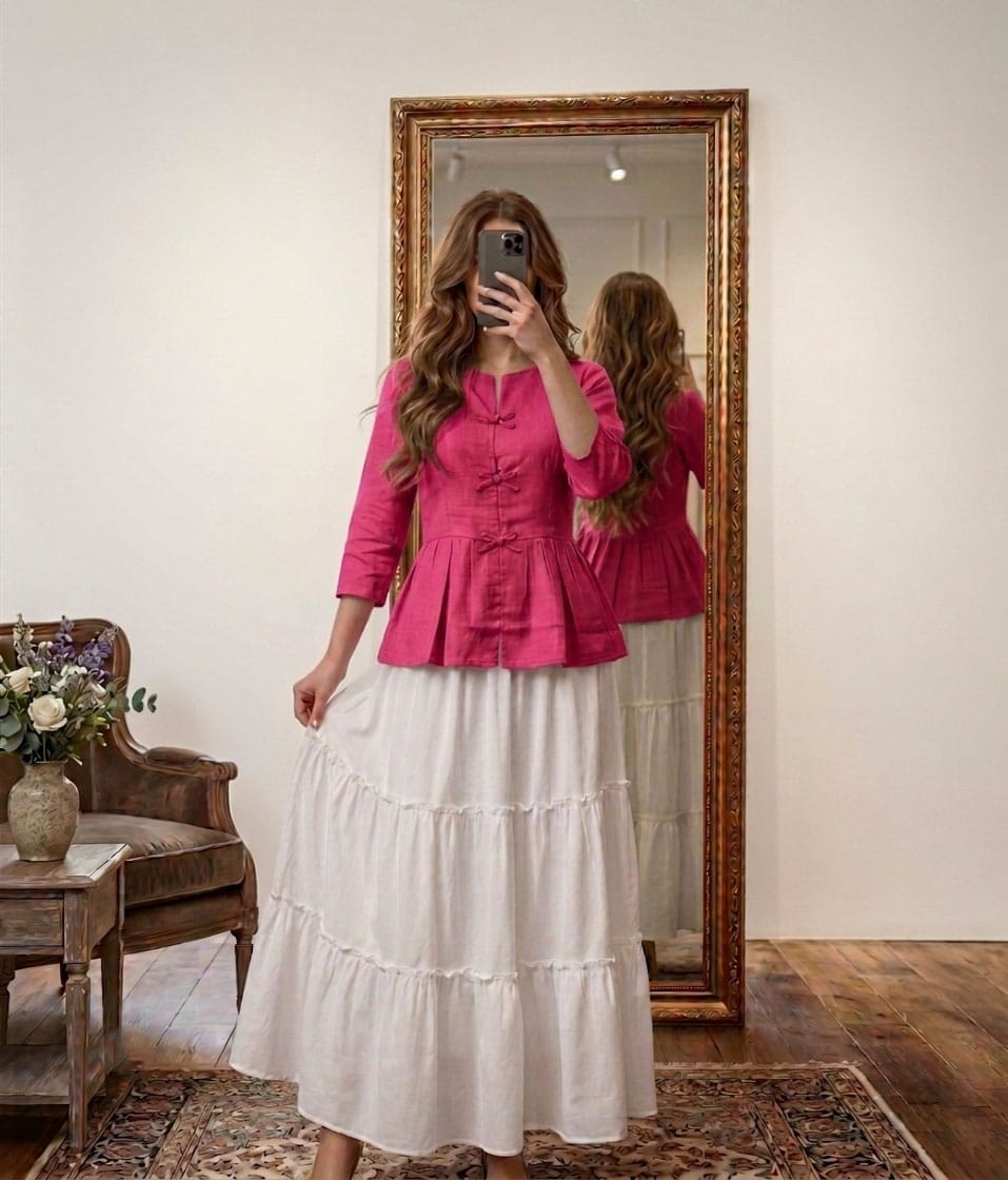 Long White Skirt & Bow Style Top