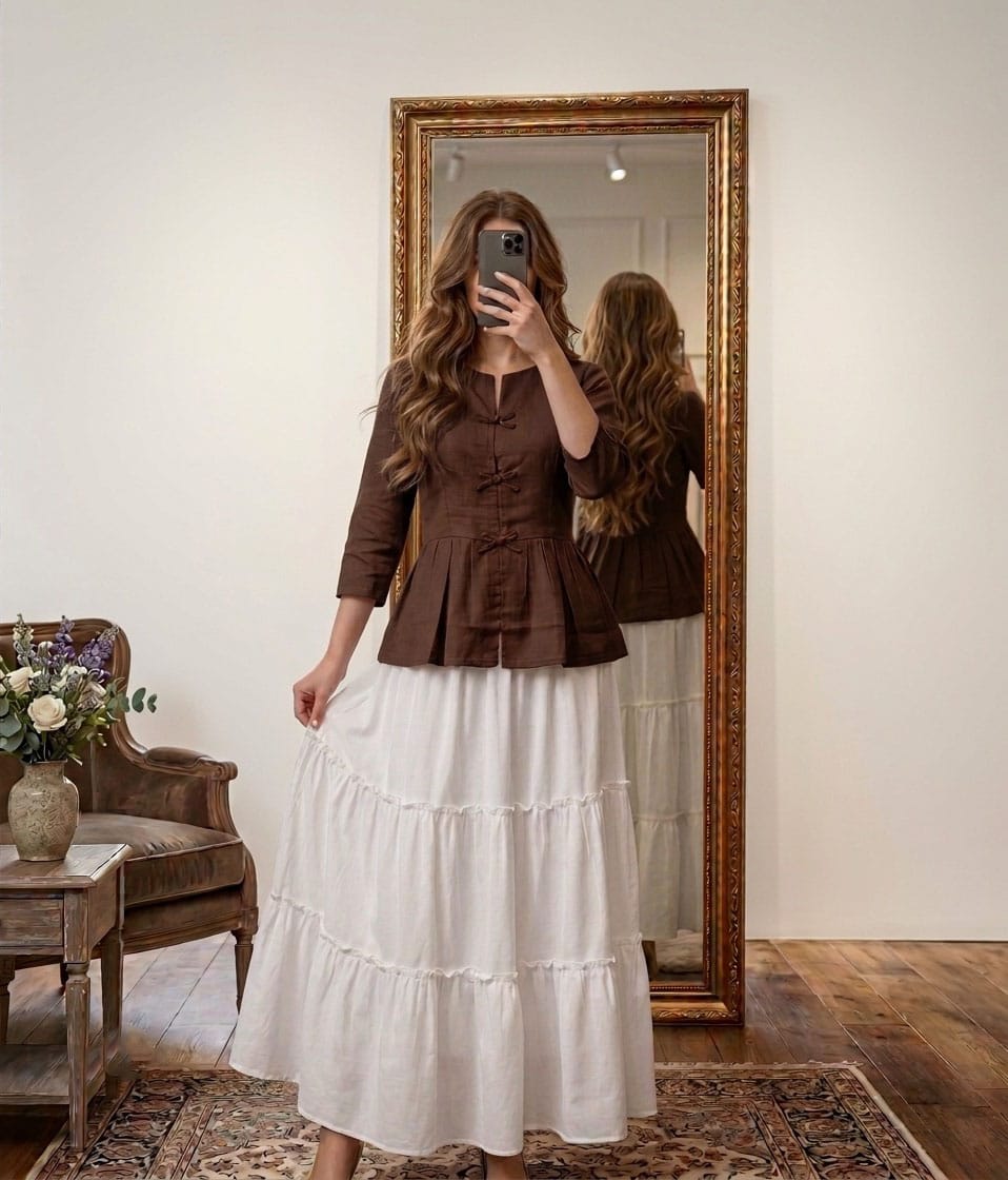 Long White Skirt & Bow Style Top