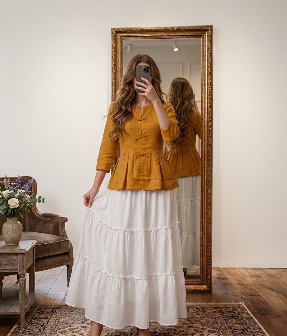 Long White Skirt & Bow Style Top
