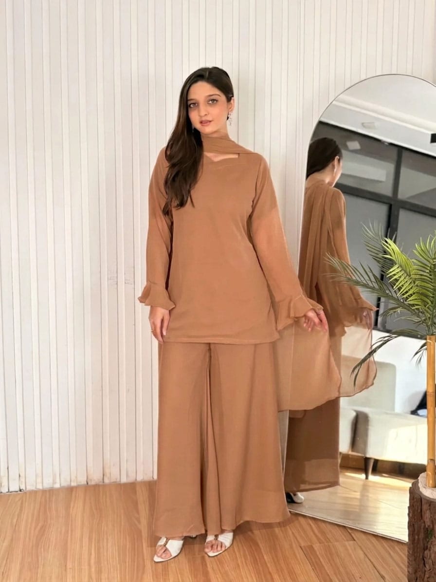 Eastern Short Shirt & Palazzo Chiffon 3-Piece Set