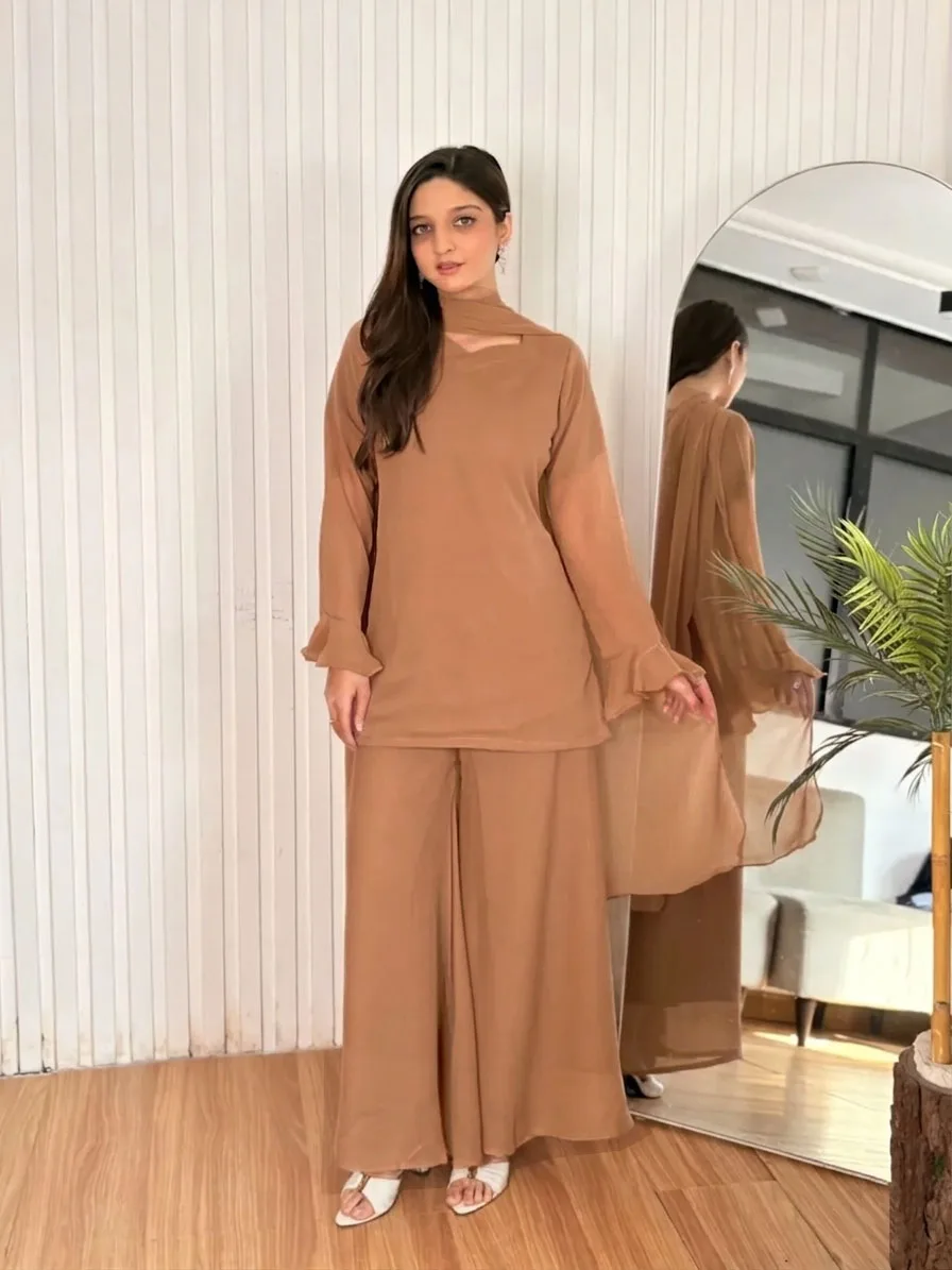 Eastern Short Shirt & Palazzo Chiffon 3-Piece Set