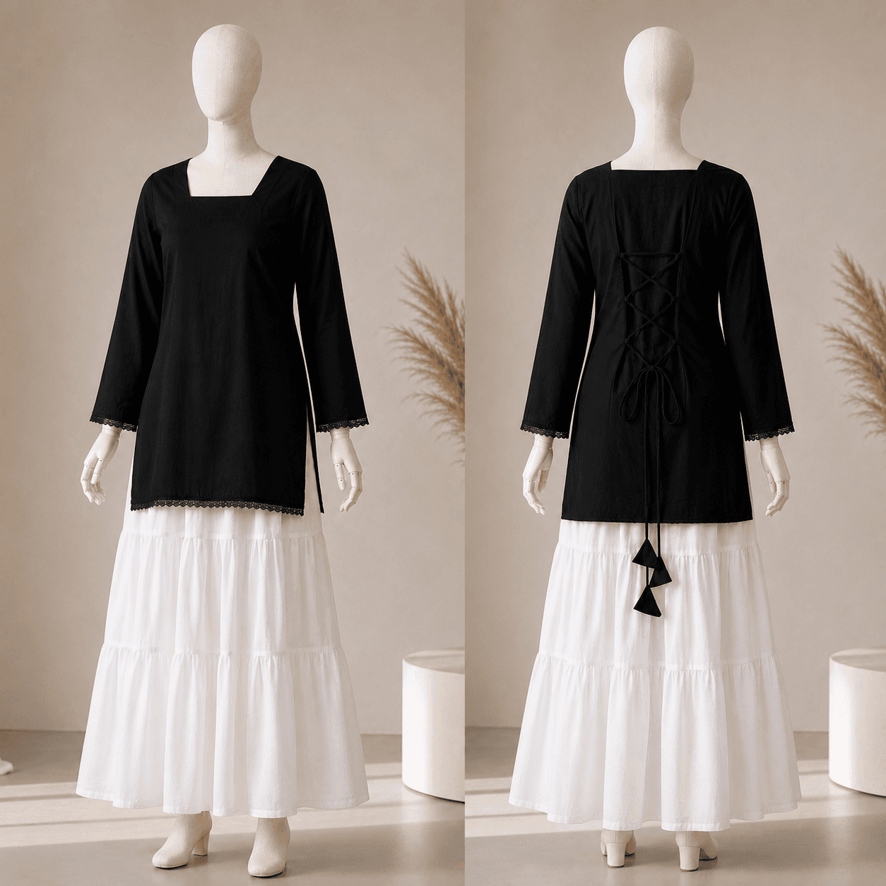 Korean Long White Skirt & Classic Kurta Top