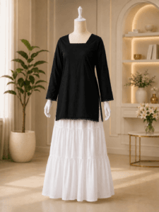 Korean Long White Skirt & Classic Kurta Top