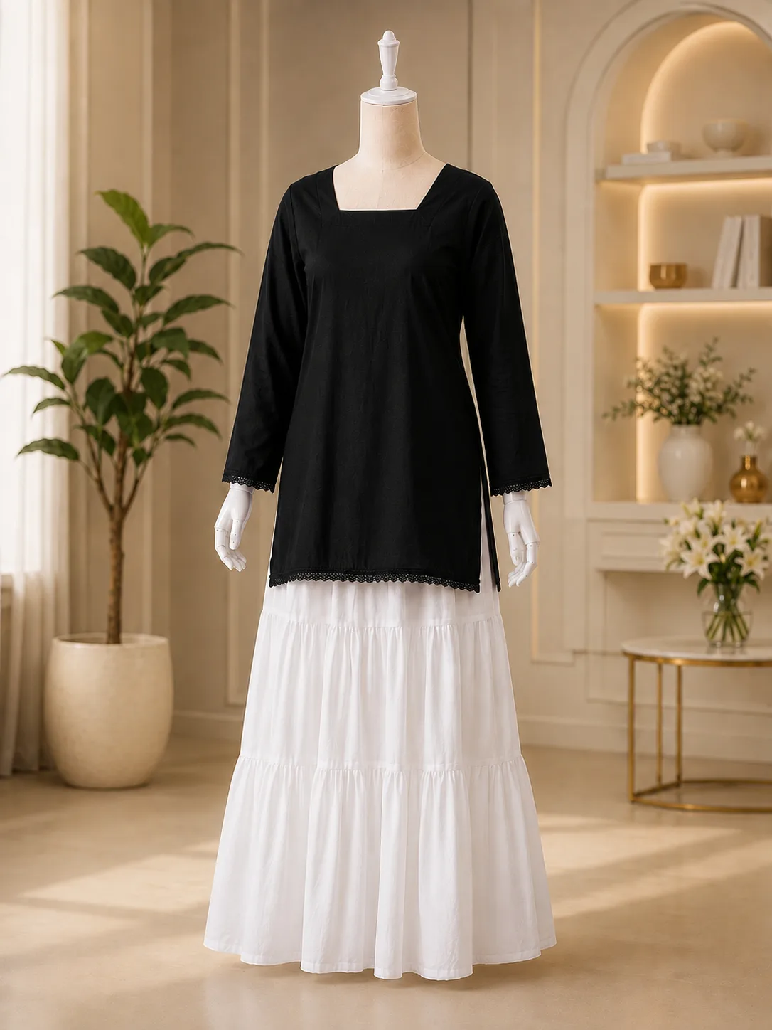 Korean Long White Skirt & Classic Kurta Top
