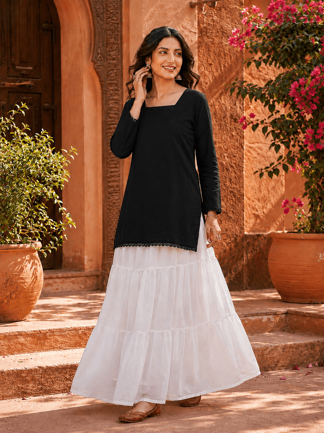 Korean Long White Skirt & Classic Kurta Top