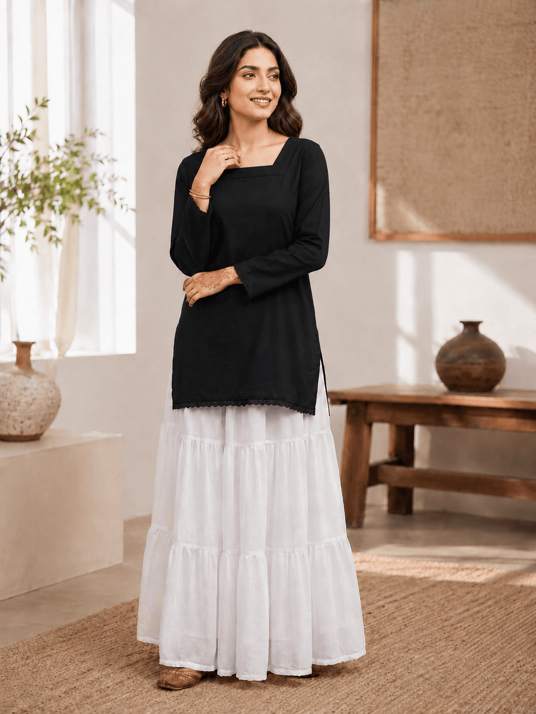 Korean Long White Skirt & Classic Kurta Top
