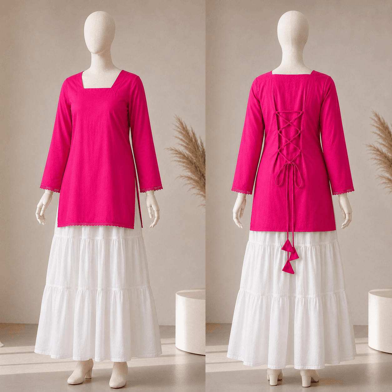 Korean Long White Skirt & Classic Kurta Top