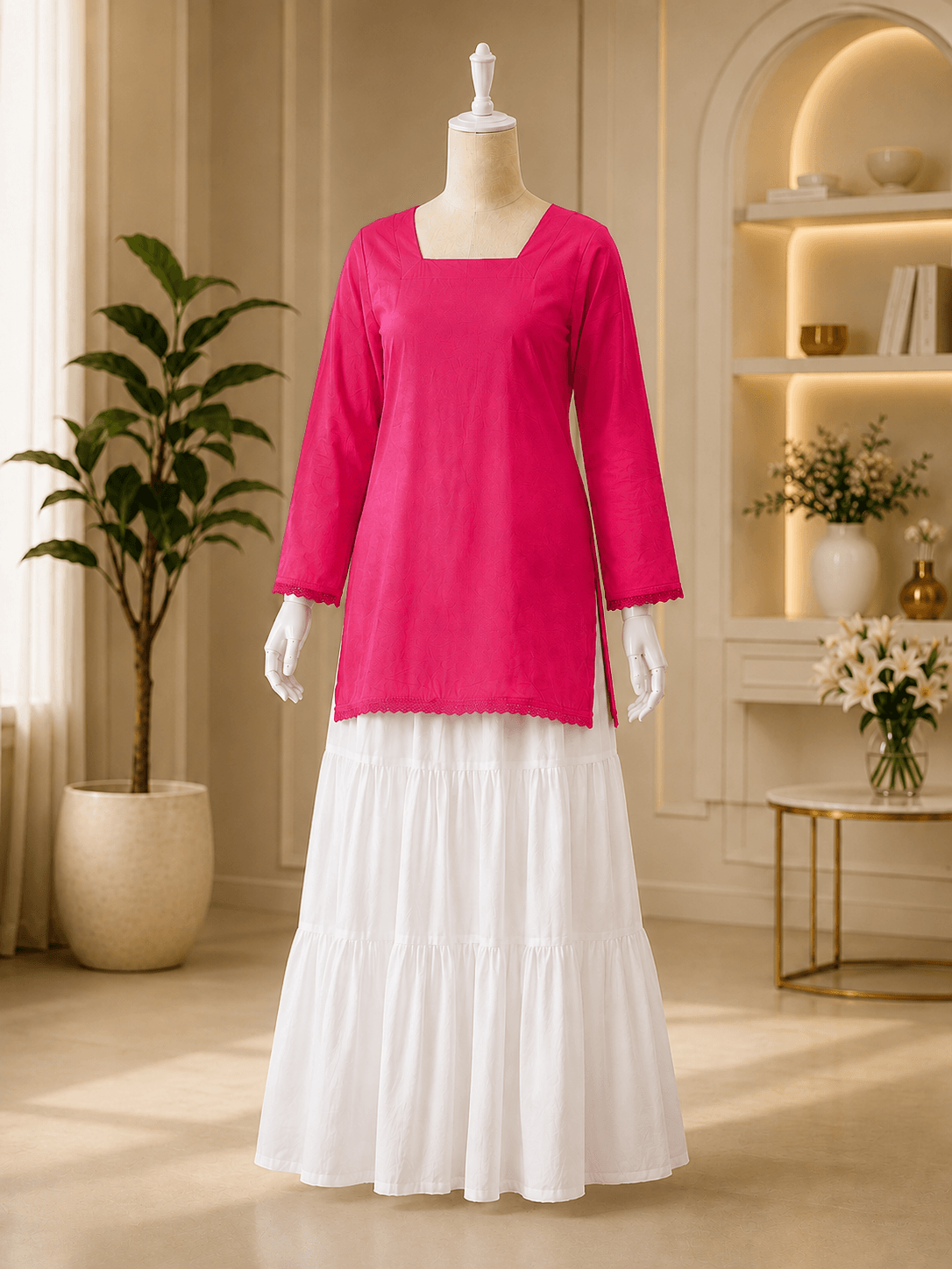 Korean Long White Skirt & Classic Kurta Top