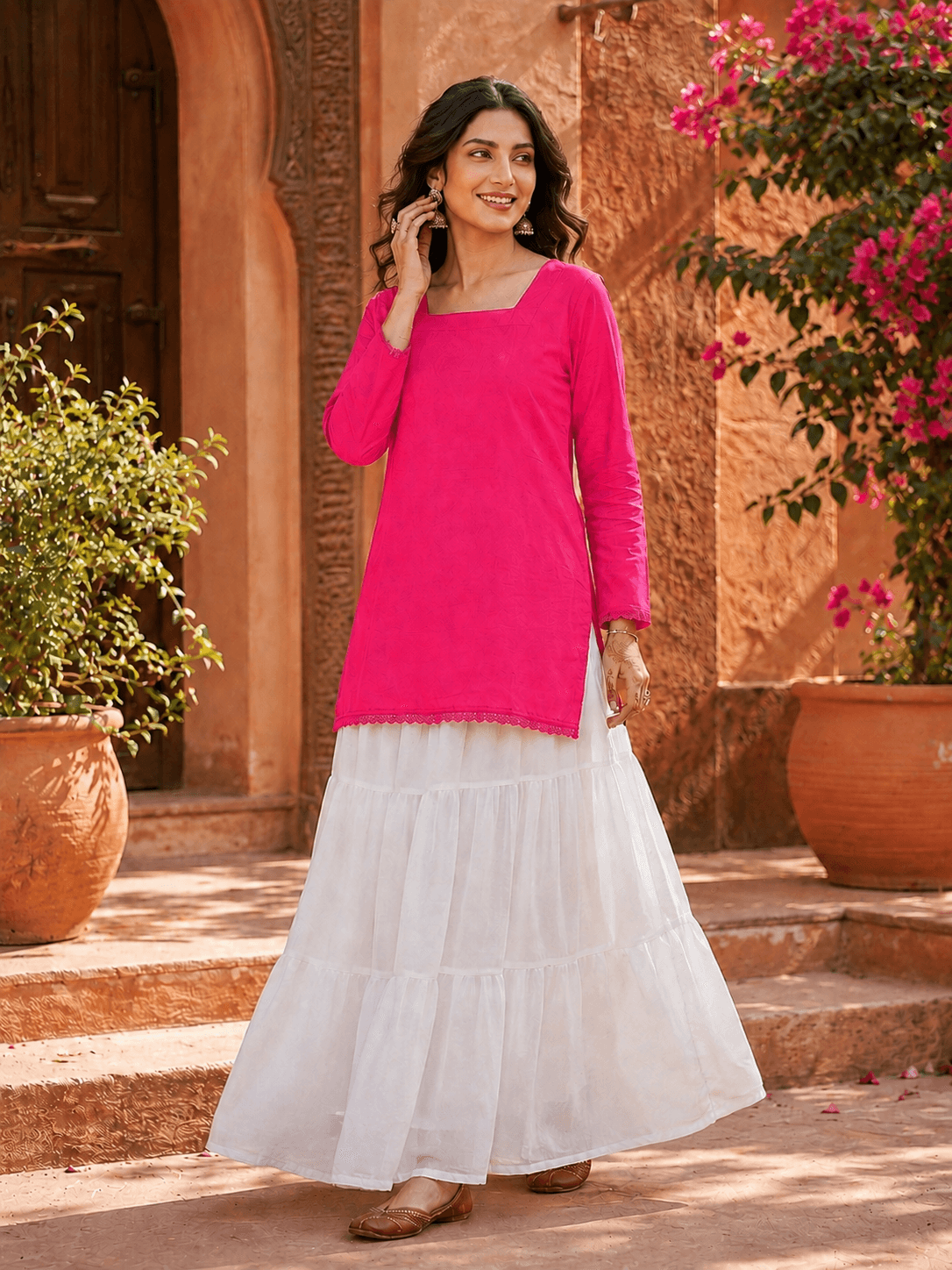 Korean Long White Skirt & Classic Kurta Top