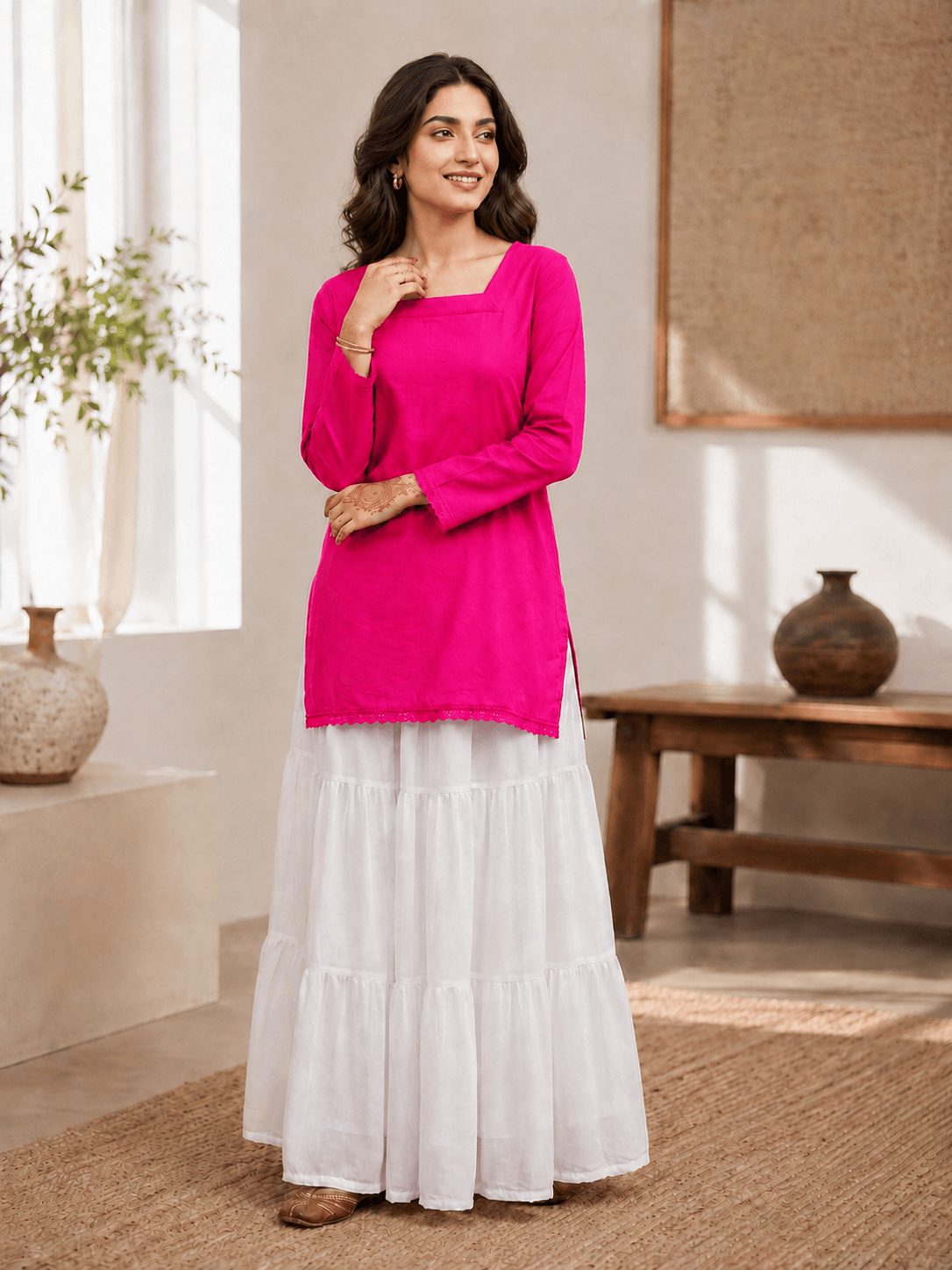 Korean Long White Skirt & Classic Kurta Top