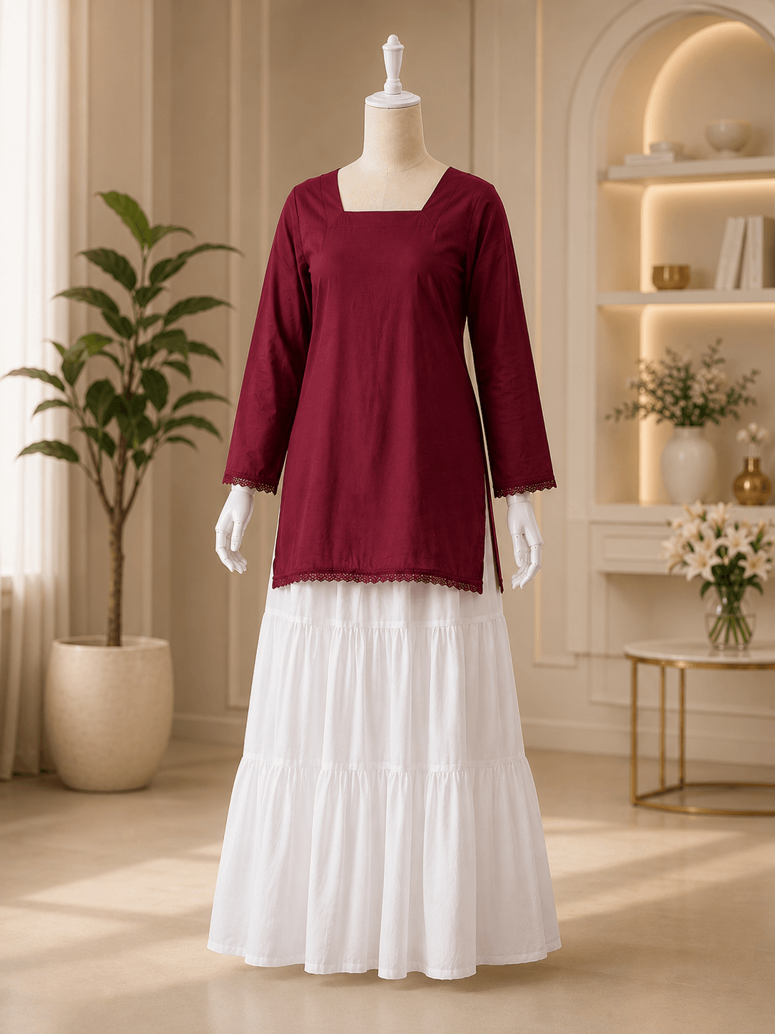 Korean Long White Skirt & Classic Kurta Top