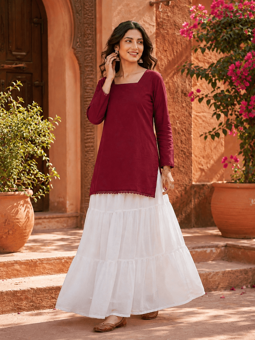 Korean Long White Skirt & Classic Kurta Top