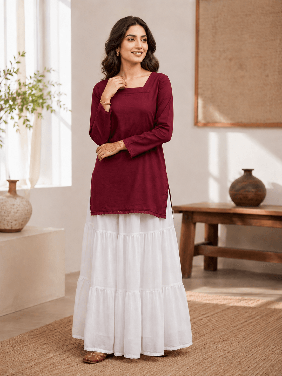 Korean Long White Skirt & Classic Kurta Top